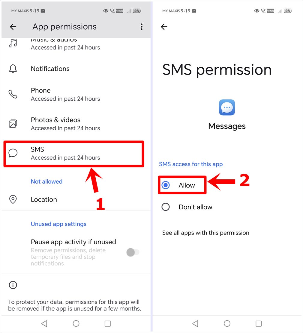 How to Fix Not Receiving Verification Codes Issue on Android and HONOR Phones: This image showcases two screenshots from an Android phone. The first displays the 'Messages' app permissions page with the 'SMS Permission' option highlighted. The second shows the 'SMS Permission' page for the 'Messages' app with the 'Allow' option selected and highlighted.