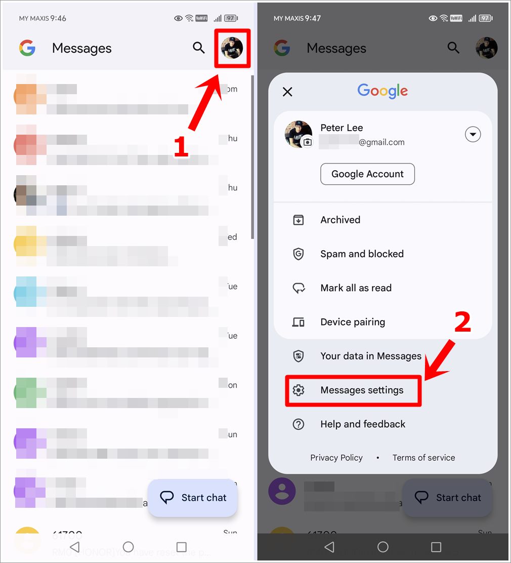 This image showcases two screenshots from an Android phone. The first displays the 'Google Messages' screen with the user profile pic in the top-right corner highlighted. The second displays the user's Google account menu with 'Messages Settings' option highlighted.