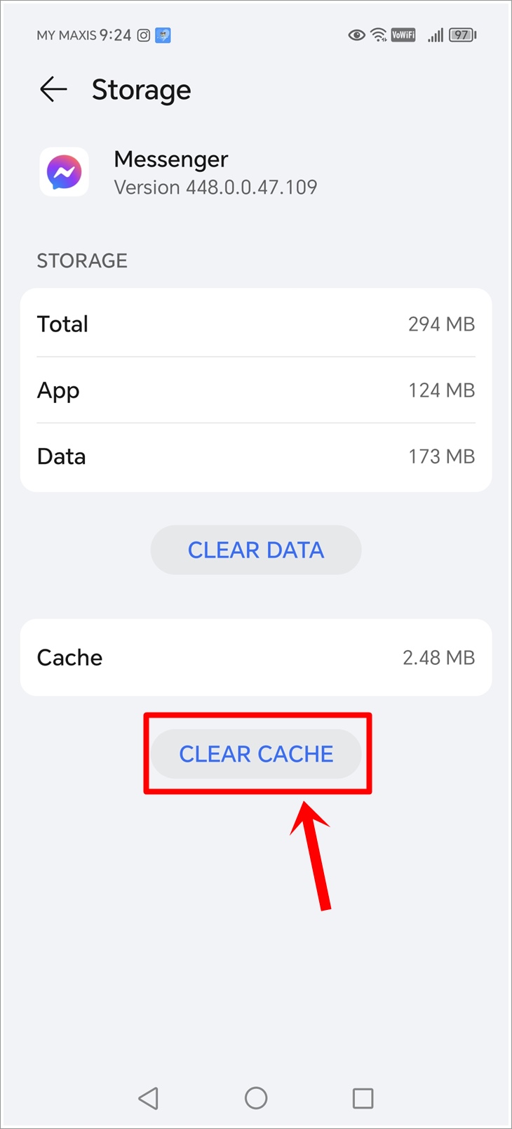 Fix Messenger 'waiting for network' error: This is a screenshot of the Storage page for the Messenger app on an Android phone, with the 'Clear Cache' button highlighted.