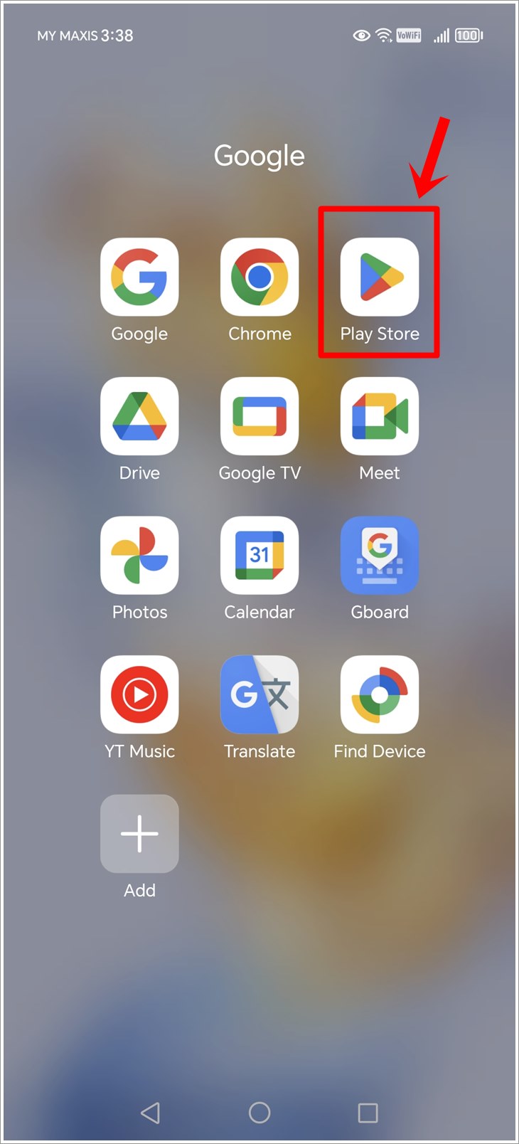 This is a screenshot of an Android phone with the Google Play Store icon highlighted.