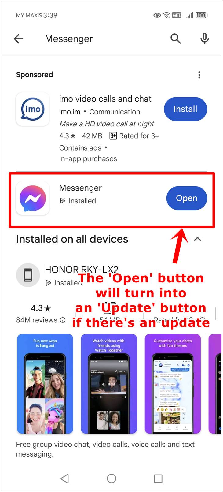 How to Fix Messenger 'waiting for network' error: This screenshot displays the Play Store on an Android phone, where the 'Messenger' app has been found and the 'Update' button has been highlighted to indicate an available update for the app.