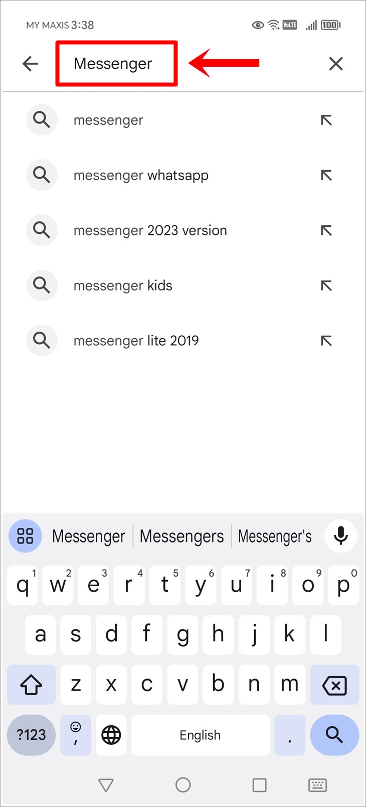 This is a screenshot of an Android phone. It shows that the word 'Messenger' has been entered in the Play Store search box.