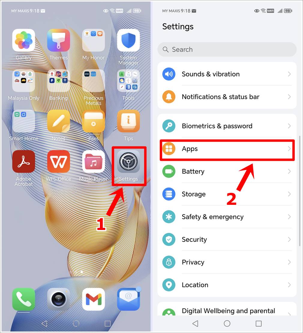 This image showcases two screenshots from an Android phone. The first screenshot highlights the 'Settings' icon, while the second screenshot displays the 'Settings' page with the 'Apps' option highlighted.