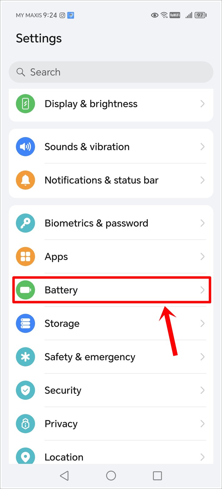This is a screenshot of an Android phone's Settings page, with the 'Battery' option highlighted.