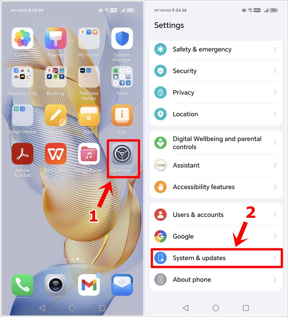 This image showcases two screenshots from an Android phone. The first highlights the 'Settings' icon, while the second presents the 'Systems & Updates' option within the 'Settings' page.