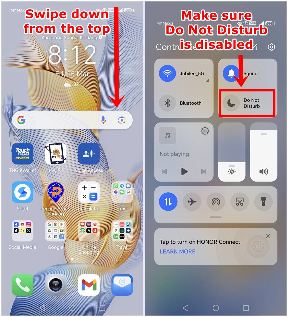 How to Fix Not Receiving Verification Codes Issue on Android and HONOR Phones: This image displays two screenshots from an Android phone. The first provides instructions to swipe down from the top of the screen to access the quick settings panel. The second shows the quick settings panel with the 'Do Not Disturb' icon highlighted as disabled.