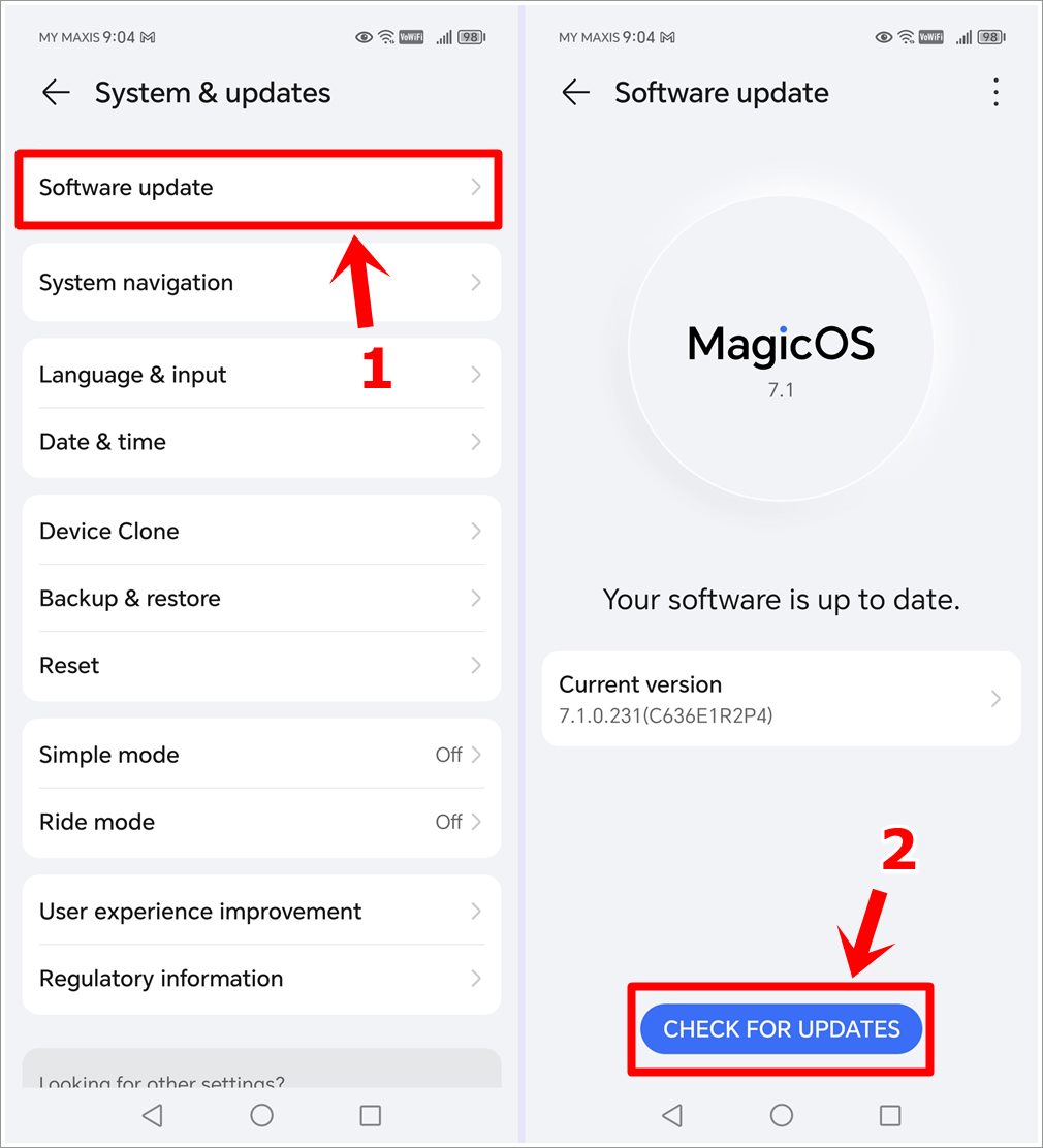 How to Fix Not Receiving Verification Codes Issue on Android and HONOR Phones: This image showcases two screenshots from an Android phone. The first displays the 'System & Updates' page with the 'Software Update' option highlighted. The second shows the 'Software Update' page with the 'Check for Updates' button at the bottom highlighted.