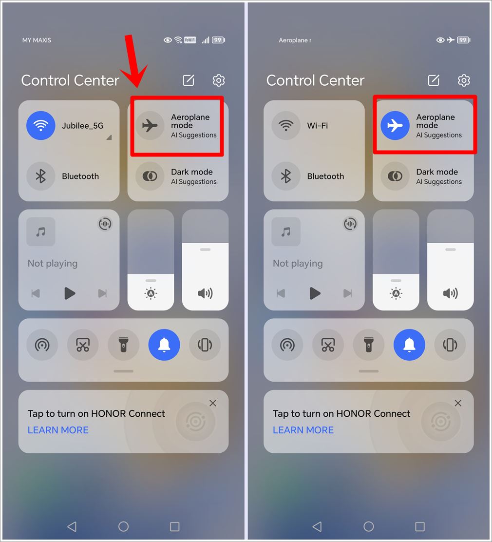 How to Fix Not Receiving Verification Codes Issue on Android and HONOR Phones: This image combines two screenshots from an Android phone's quick settings panel. The first screenshot shows 'Airplane mode' toggled off and highlighted, while the second screenshot shows 'Airplane mode' toggled on and highlighted.