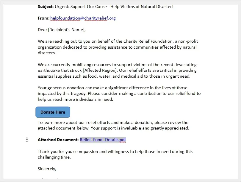 This is a screenshot of a charity scam email.