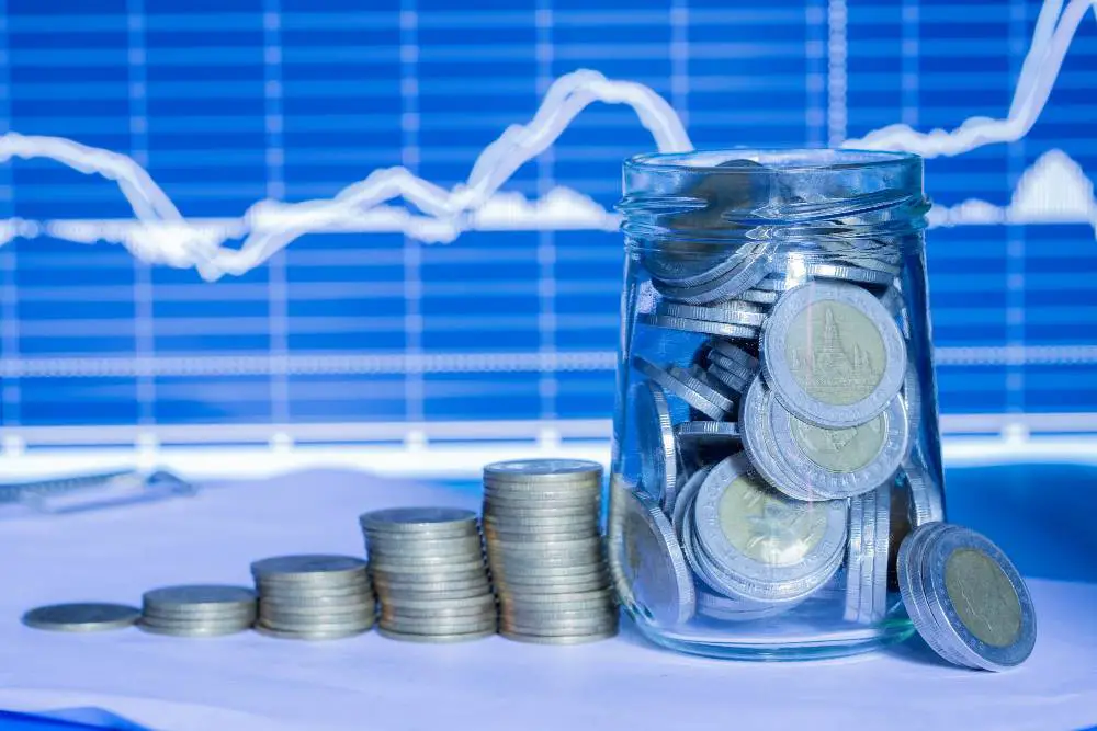 This image shows a jar brimming with coins against a backdrop of trading graphs, symbolizing the concept of liquidity pools in decentralized finance (DeFi), where various assets are pooled together to facilitate seamless trading.