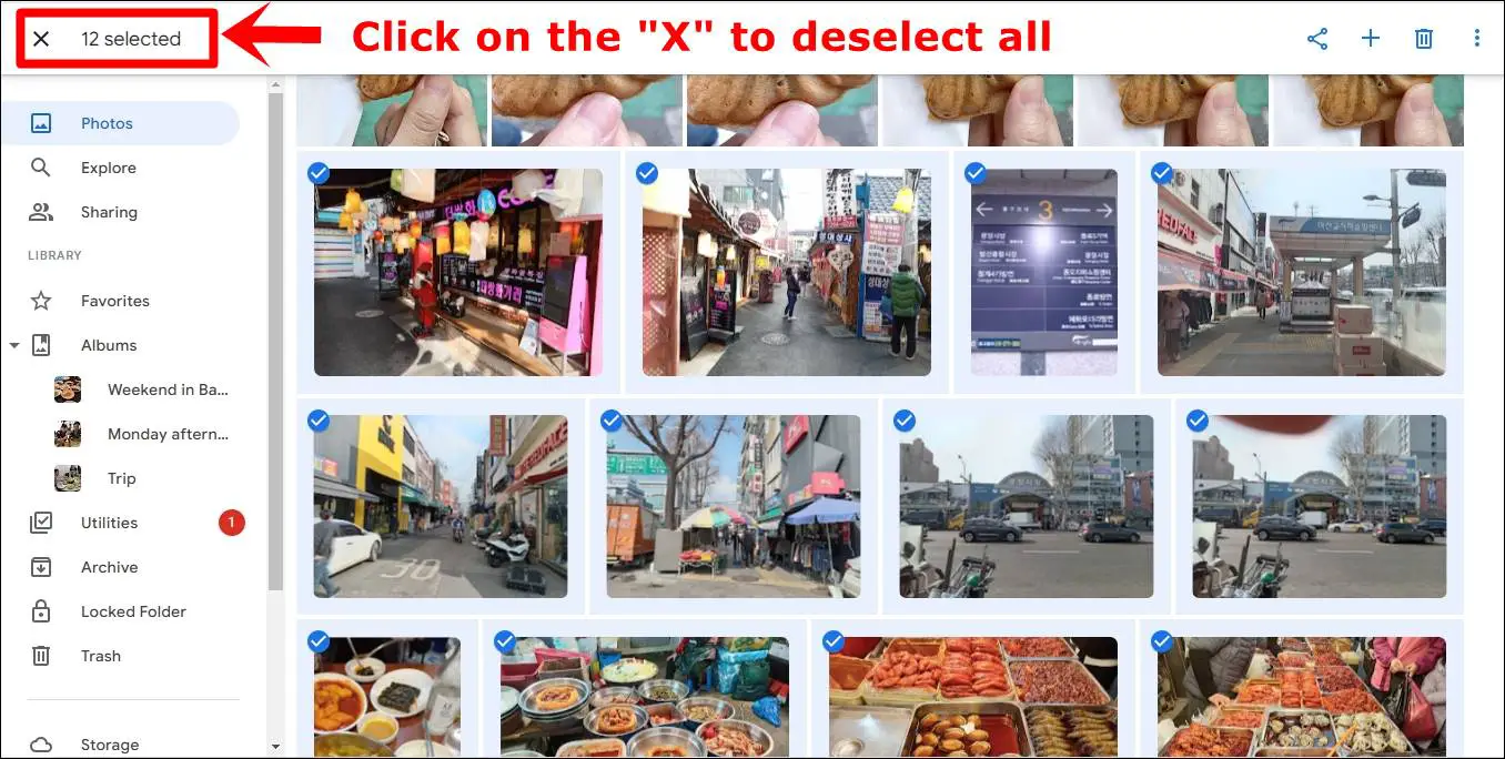 This screenshot from Google Photos on a desktop displays several selected photos, each marked with a blue checkmark. The count of selected photos at the top left is highlighted, suggesting that clicking on the 'X' will deselect all the selected photos.