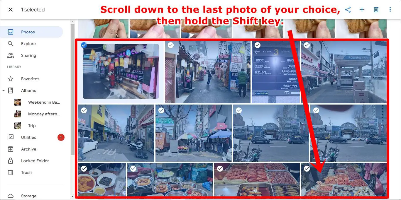 This screenshot is from Google Photos on a desktop, showing how to bulk select a group of photos with the help of the Shift key.
