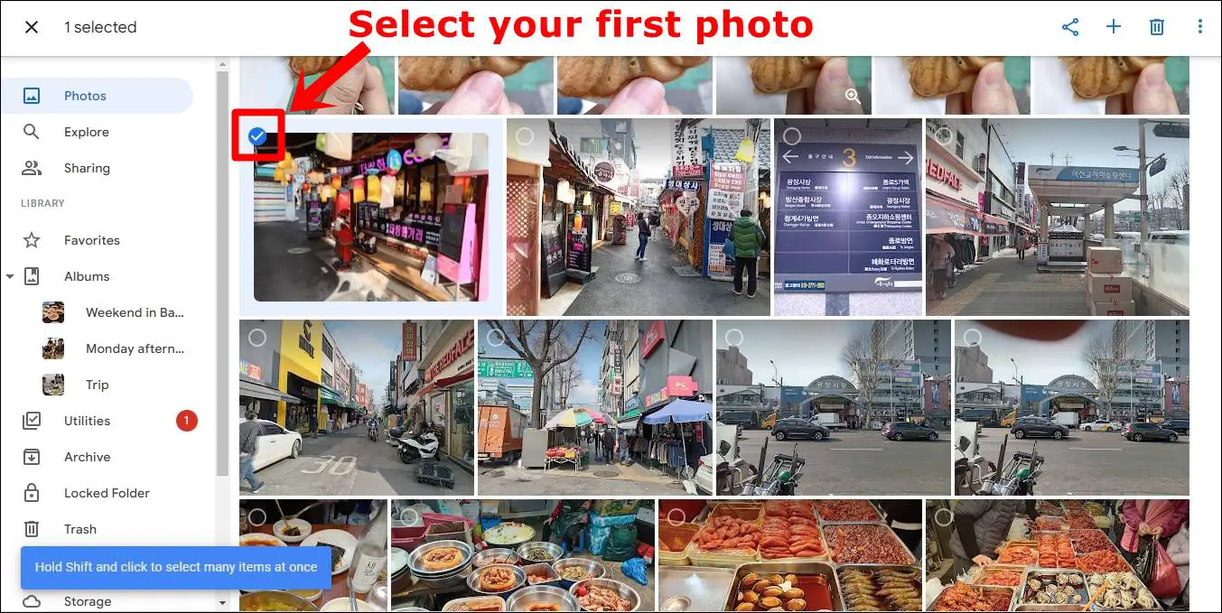 This screenshot is from Google Photos on a desktop, showing a randomly chosen photo as the first selection with its blue checkmark highlighted.