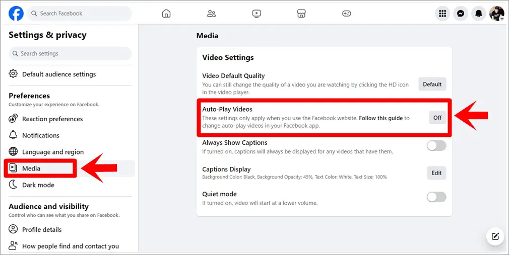 A screenshot of the Facebook desktop interface, with 'Media' in the left side menu and the 'Auto-Play Videos' option highlighted. 'Auto-Play Videos' is shown being turned off.