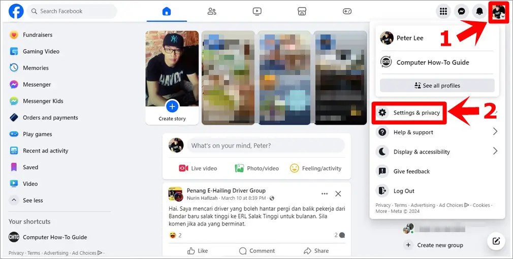 A screenshot of Facebook desktop with the user's profile picture in the top-right corner and the 'Settings & Privacy' option in the menu highlighted.