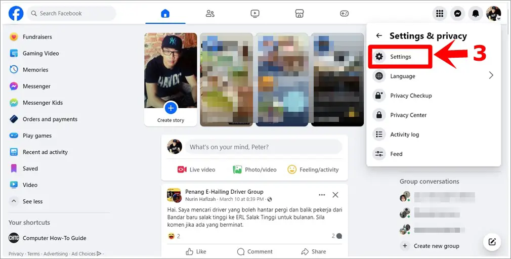 A screenshot of Facebook desktop with the 'Settings' option in the menu highlighted.