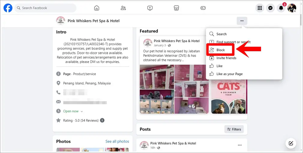 A screenshot from a specific Facebook page with the 'Block' option in the menu highlighted.