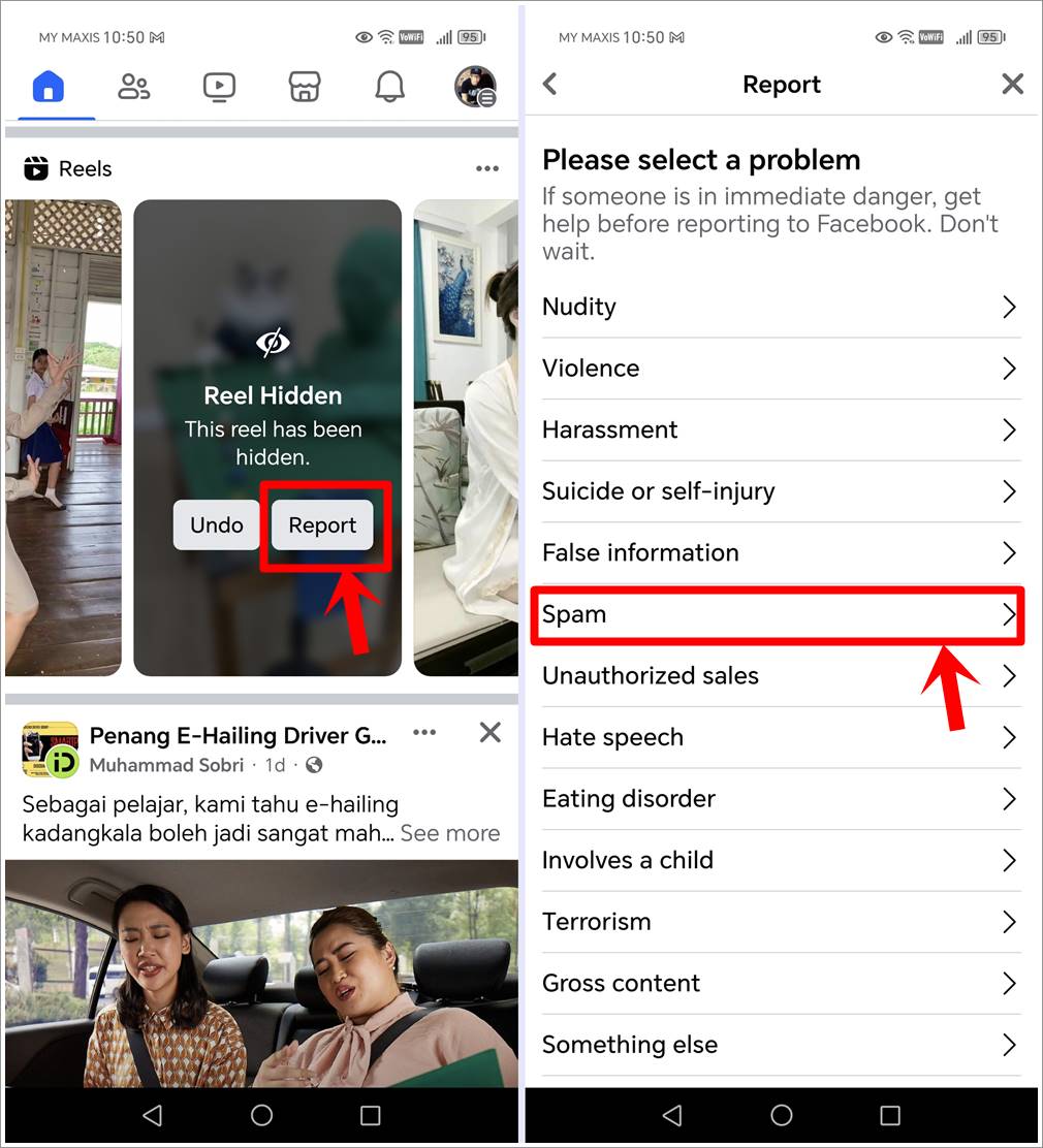 This image displays two combined screenshots from the Facebook mobile app. The first screenshot highlights the 'Report' button on a specific hidden Reel. In the second screenshot, the 'Report' page is shown with the 'Spam' option selected and highlighted as the reason for hiding the specific Reel.