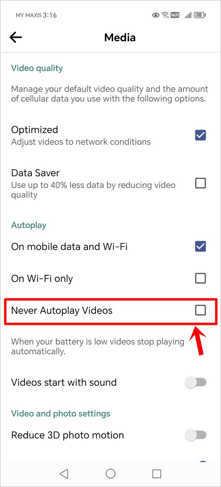 This is a mobile screenshot from the Facebook 'Media' page with the 'Never Autoplay Videos' option highlighted. 