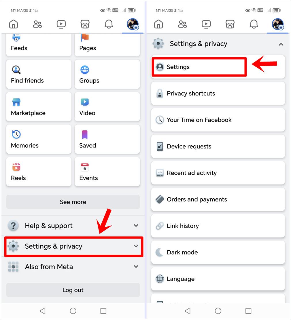 This image combines two Facebook mobile screenshots. The first shows the Menu page with the 'Settings & Privacy' option highlighted. The second featuring the 'Settings & Privacy' page with the 'Settings' option highlighted.