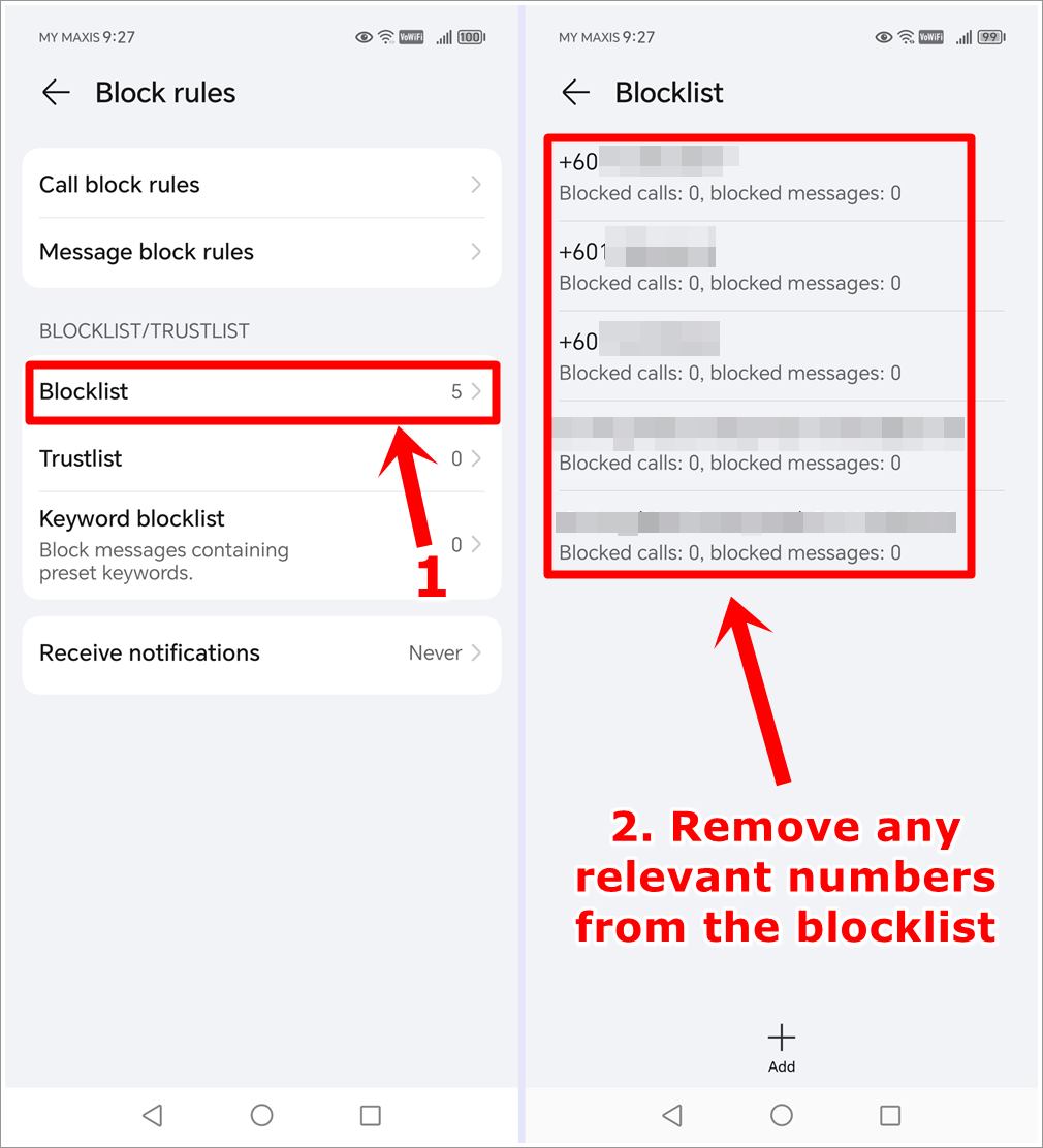 How to Fix Not Receiving Verification Codes Issue on Android and HONOR Phones: This image combines two screenshots from an HONOR phone. The first screenshot displays the 'Block rules' page with the 'Blocklist' option highlighted. The second screenshot shows the 'Blocklist' page with several blocked numbers highlighted. A note has been added to the second screenshot indicating the removal of any relevant blocked numbers associated with verification codes.