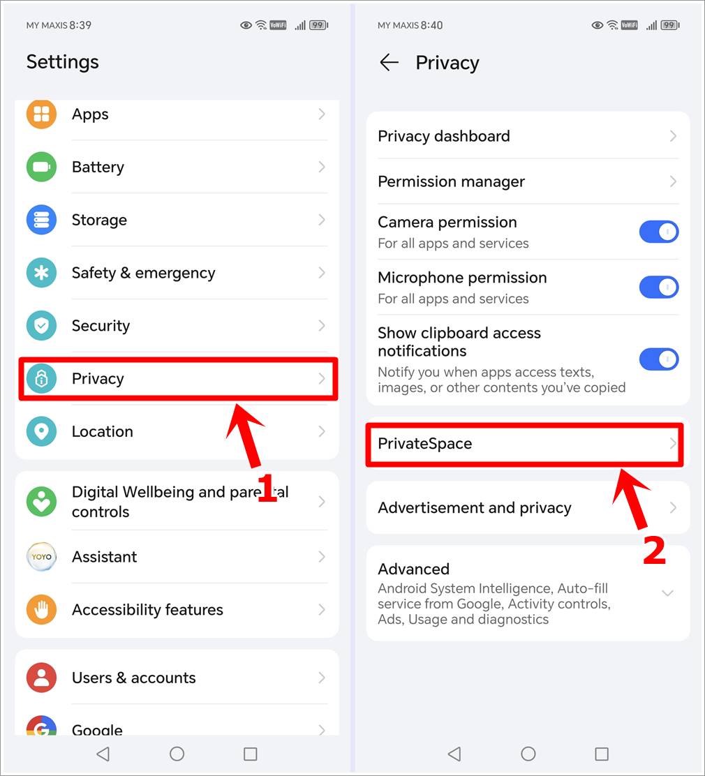 This image combines two screenshots from an HONOR phone. The first shows the 'Settings' page with the 'Privacy' option highlighted. The second shows the 'Privacy' page with the 'PrivateSpace' option highlighted.