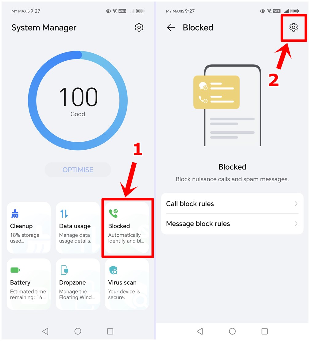 This image combines two screenshots from an HONOR phone. The first screenshot displays the 'System Manager' page with the 'Blocked' option highlighted. The second screenshot shows the 'Blocked' page with the 'Gear' icon in the top-right corner highlighted.