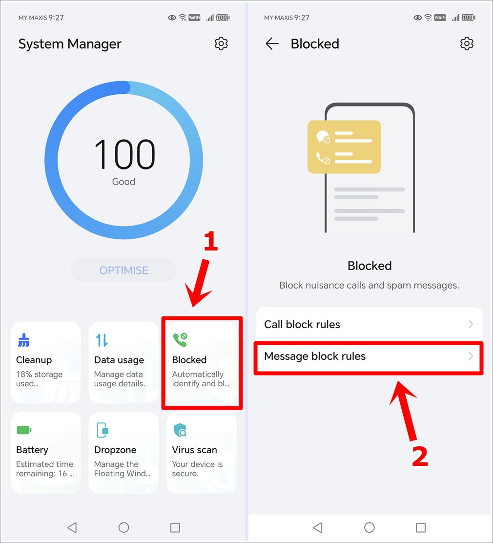 This image combines two screenshots from an HONOR phone. The first screenshot displays the 'System Manager' page with the 'Blocked' option highlighted. The second screenshot shows the 'Blocked' page with the 'Message Block Rules' option highlighted.