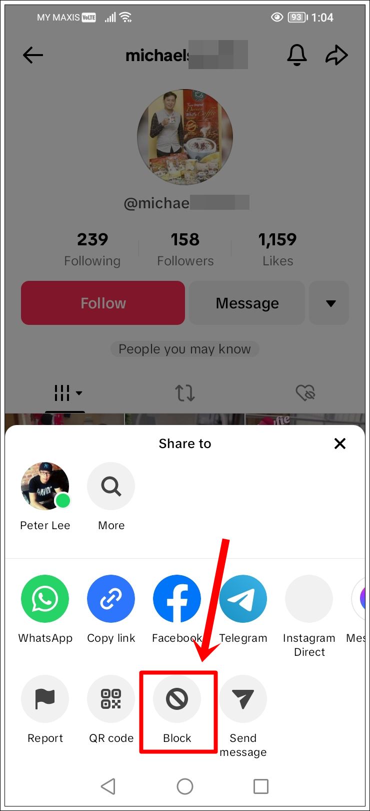 This is a mobile screenshot of a user profile on TikTok. A menu appears with numerous options, one of them being the 'Block' option, which is highlighted.