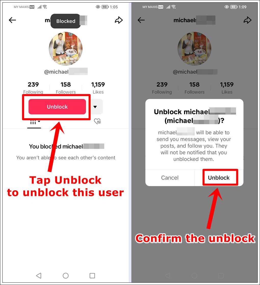 This is a mobile screenshot of a blocked TikTok user's profile, detailing the steps required to unblock them on TikTok.