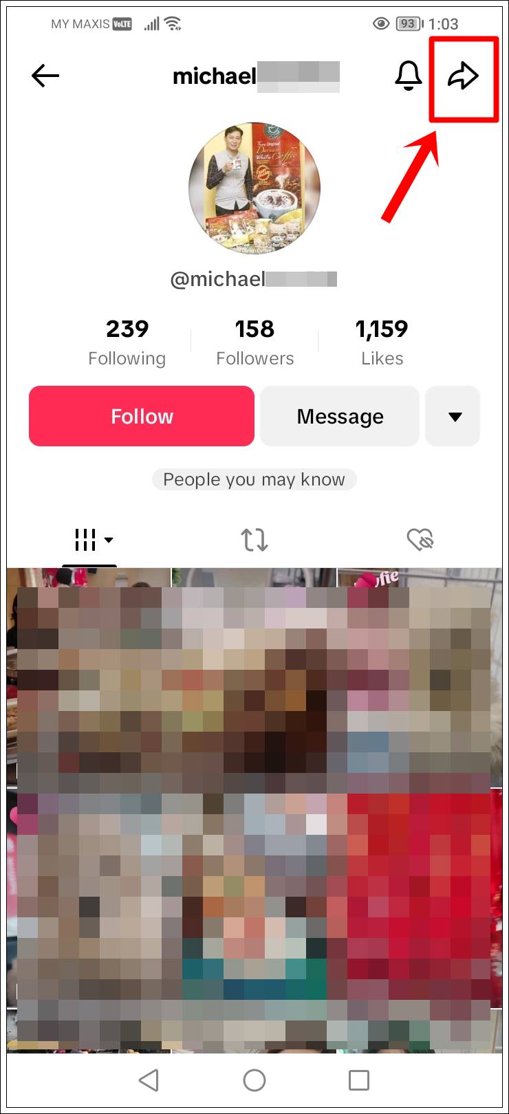This is a mobile screenshot of a particular user profile on TikTok. The 'Share' icon, represented by an 'Unfilled Right-Pointing Arrow', has been highlighted.