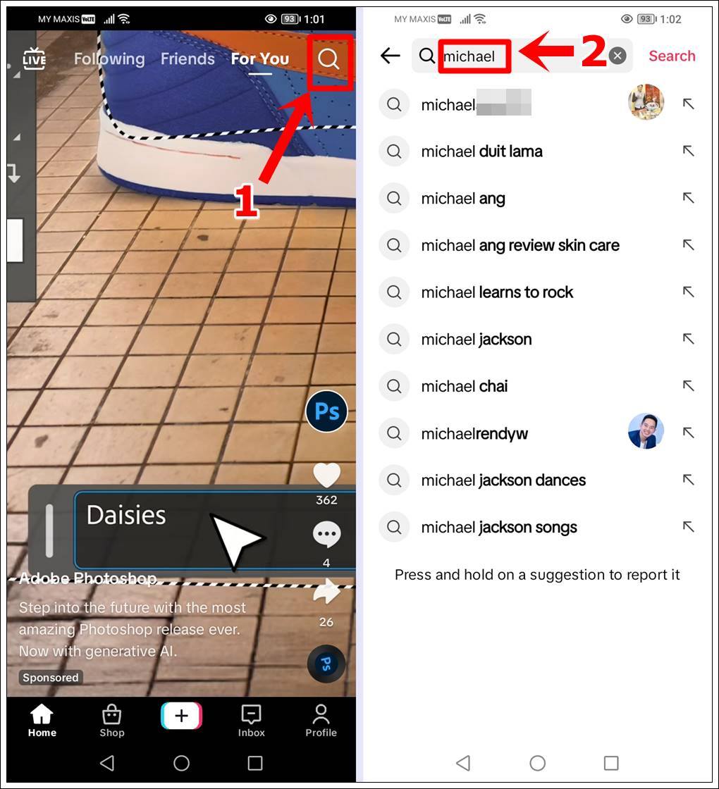 This is a mobile screenshot of TikTok, showing two different pages. The first displays the TikTok 'For You' page, with the 'Magnifying Glass' icon highlighted in the top-right corner. The second page showcases search results for a specific name entered in the search bar, with several suggested names listed below.