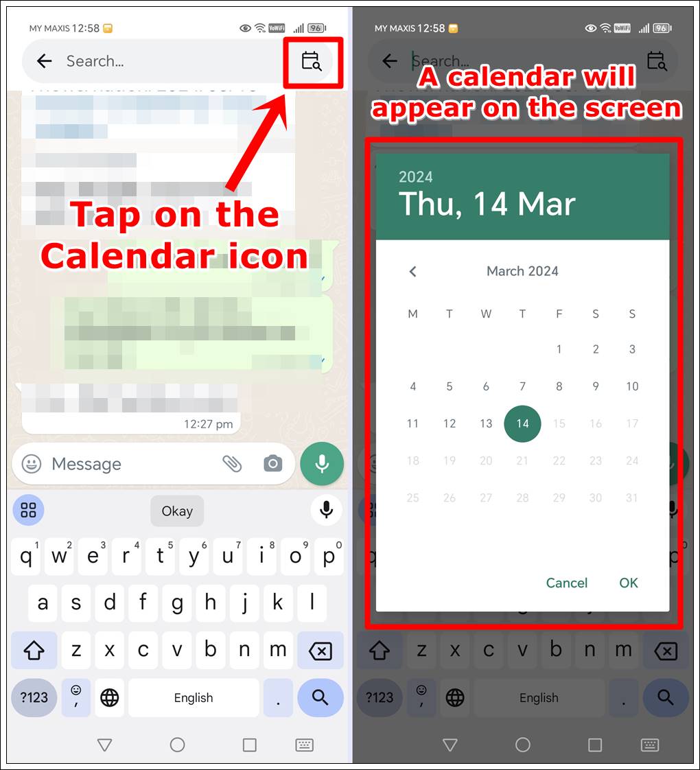 This image combines two mobile screenshots from WhatsApp. The first shows the WhatsApp chat page with the 'Calendar' icon highlighted in the top-right corner. The second displays a pop-up calendar view, which is also highlighted, on the same page.