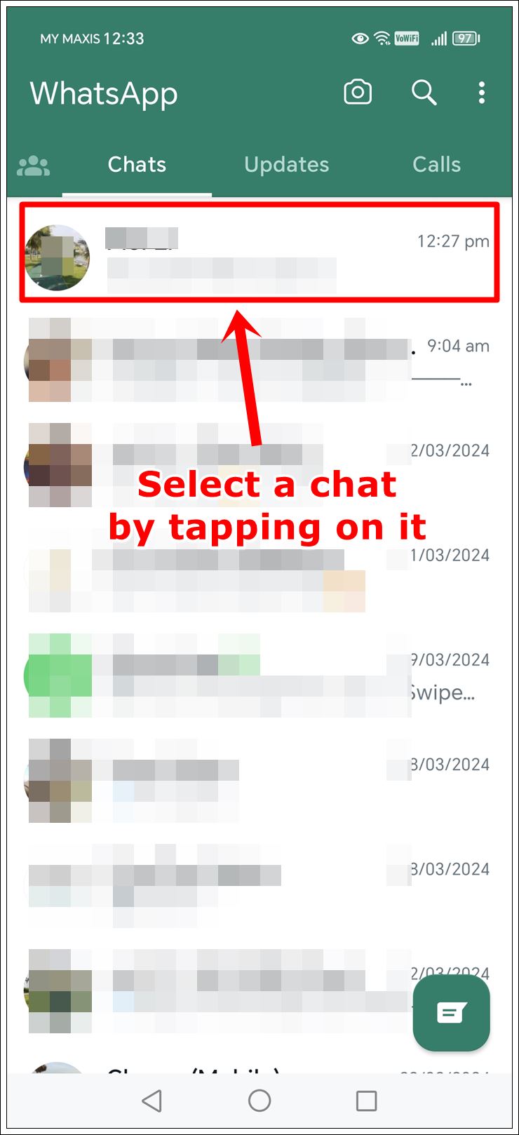 This is a mobile screenshot of WhatsApp Chats. A random chat has been selected and highlighted.