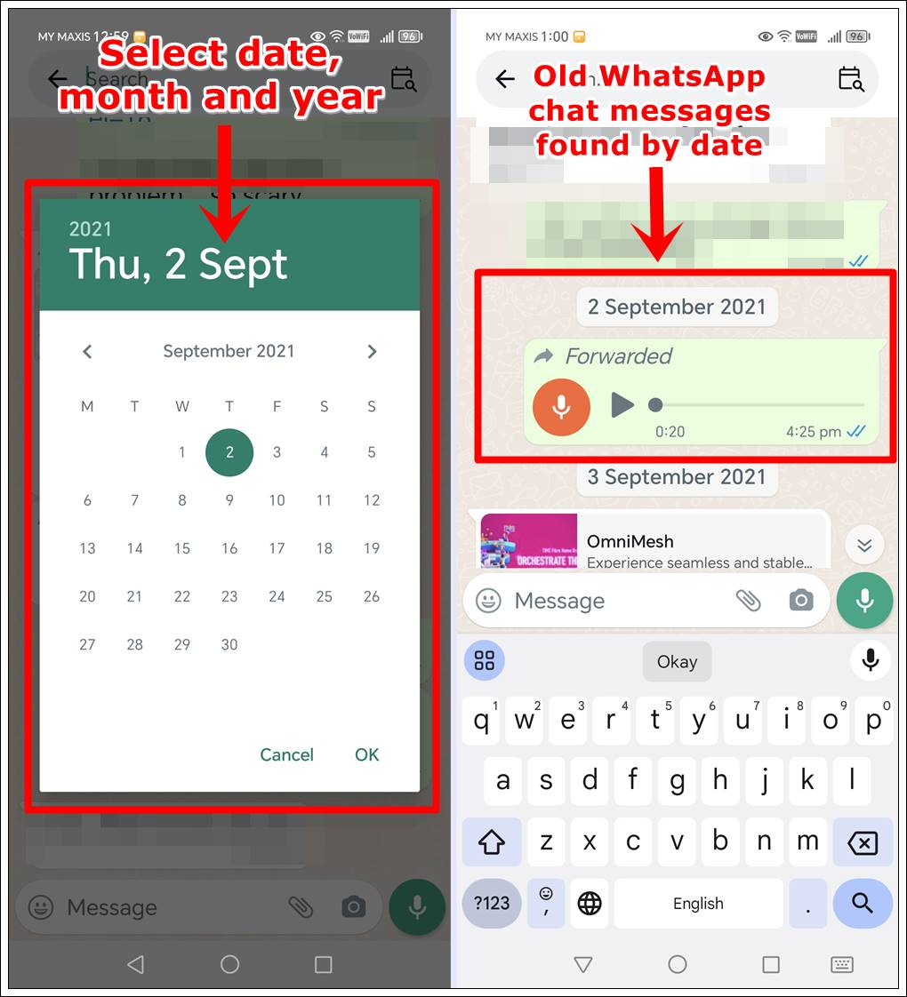 This image combines two mobile screenshots from WhatsApp. The first features the calendar view with a specific date selected for searching old chat messages. The second shows the WhatsApp chat page displaying the old messages found based on the chosen date.