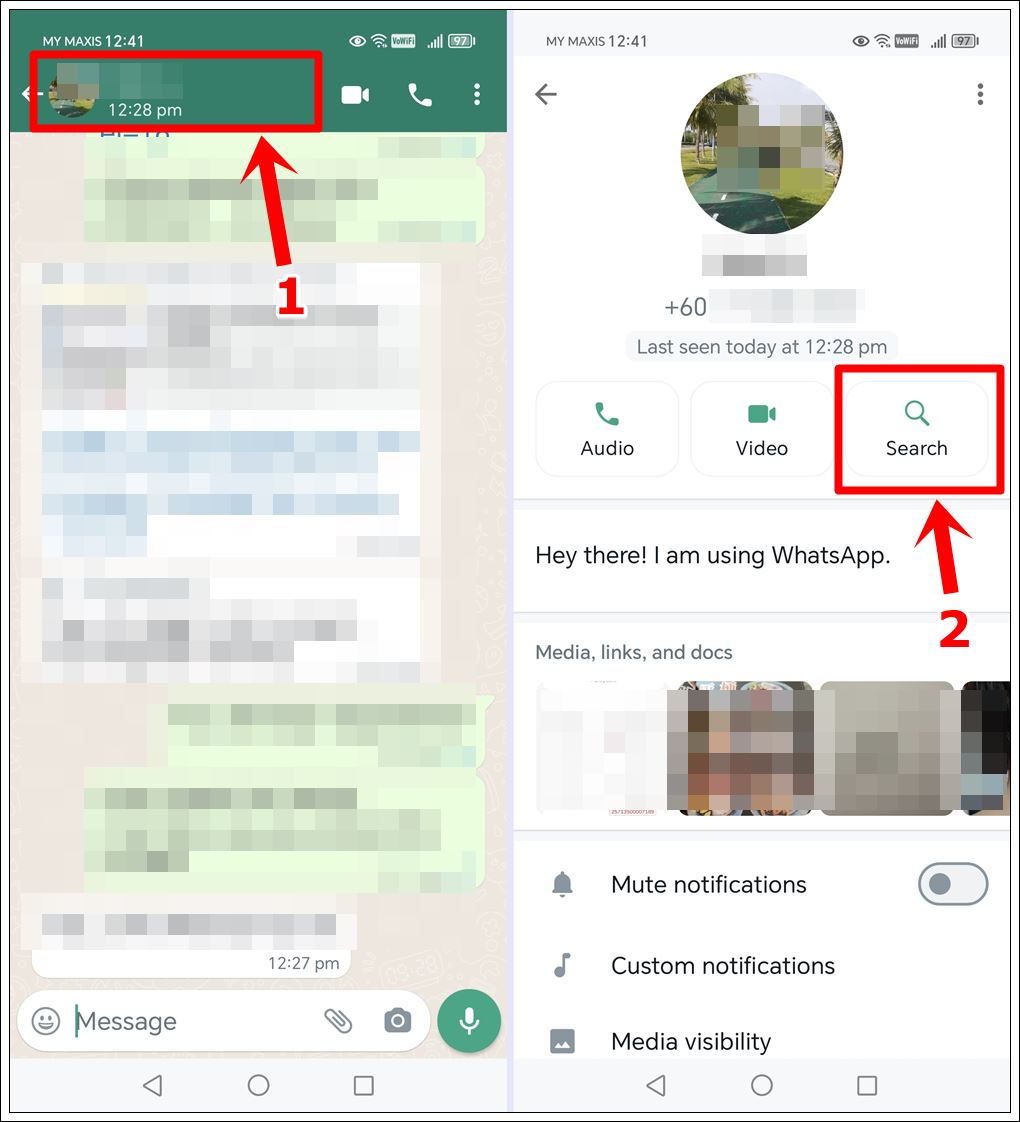 This image combines two mobile screenshots from WhatsApp. The first features the WhatsApp Chat page with the user profile at the top highlighted, while the second shows WhatsApp's user profile page with the 'Search' button highlighted.