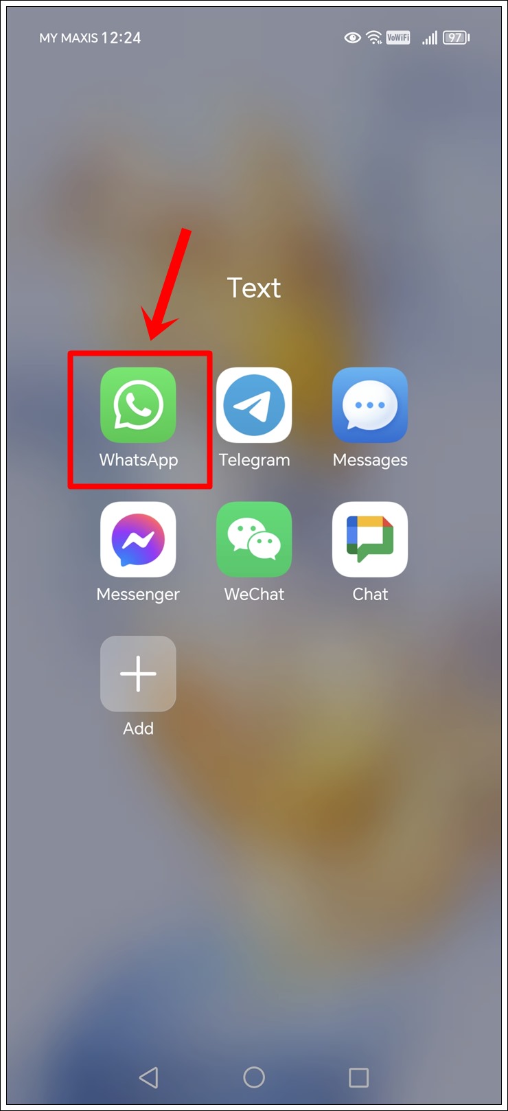 This is a mobile screenshot with the WhatsApp icon highlighted.