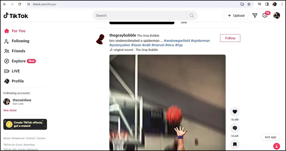 This is a screenshot of TikTok 'For You' page on a desktop.