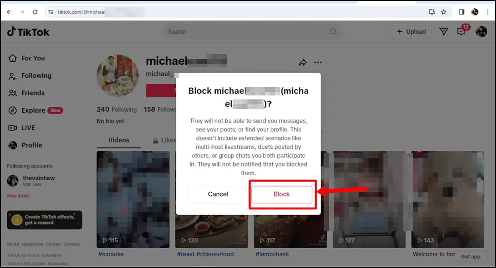This is a screenshot of a TikTok user's profile, displaying a menu prompting to confirm blocking this user. The 'Block' button in the menu is highlighted.