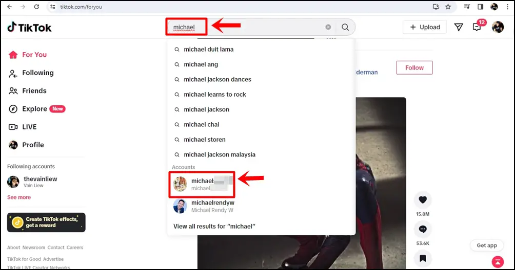 This is a screenshot of TikTok on desktop. A username was entered into the search box and found.