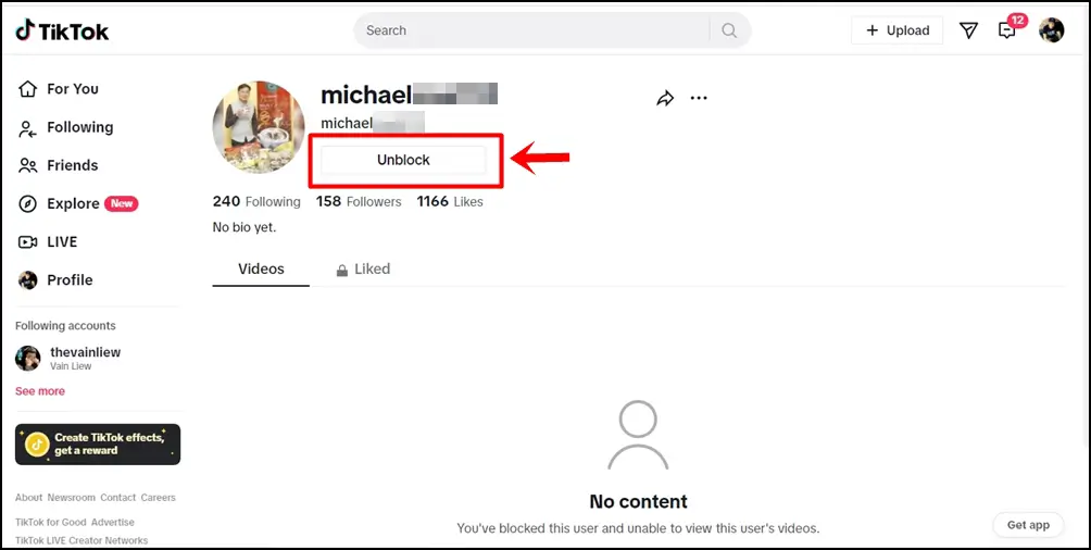 This is a screenshot of a blocked TikTok user's profile. The highlighted 'Unblock' button indicates to click it for unblocking.