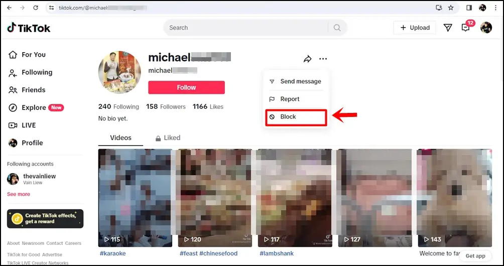 This is a screenshot of a user's TikTok profile on desktop. A menu pops out after clicking the 'Three-Dot' icon, and within the menu, the 'Block' option is highlighted.