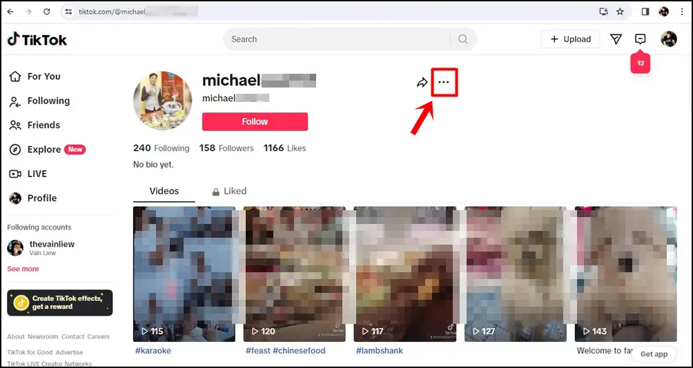 This is a screenshot of a user's TikTok profile on desktop, with the three-dot icon highlighted.