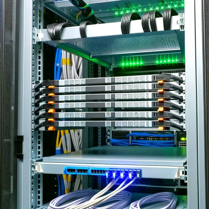 This image showcases a neatly set up server rack with several accessories, including cable ties, rack shelves, mounting screws, cage nuts, blanking panels, server rack cable managers, and PDUs.