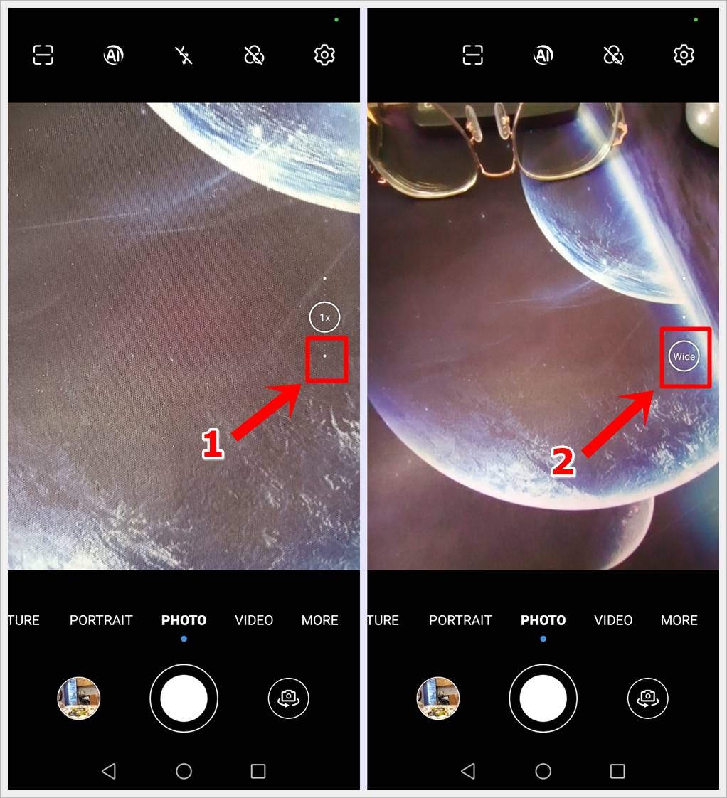 This screenshot displays two images captured by the phone camera. The first image features the lens set to 1x zoom, while the second image shows the lens switched to 0.5x zoom, also known as wide-angle mode.
