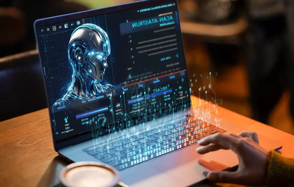 This photo depicts an individual using AI-powered security tools on a laptop to identify and possibly neutralize malware threats.