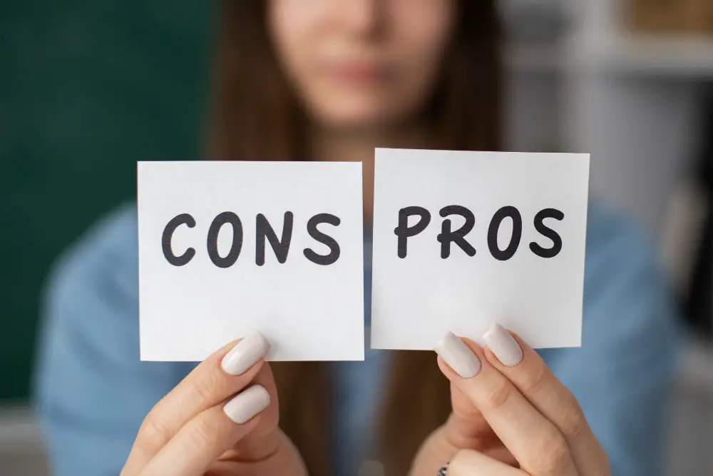 The woman is holding two pieces of paper, one labeled 'Pros' and the other labeled 'Cons,' suggesting a decision-making process and prompting viewers to choose between the options.