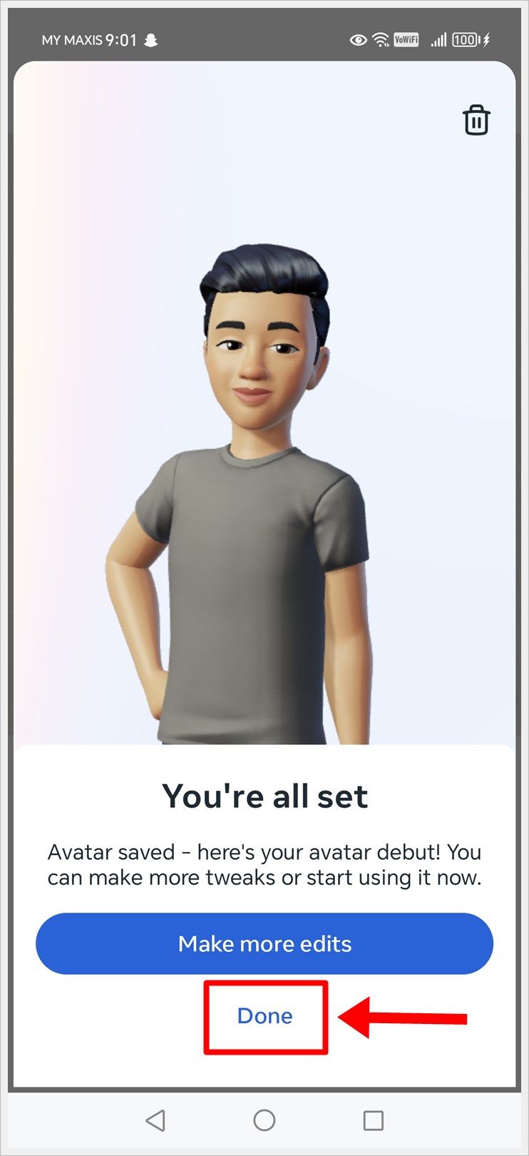 Tap 'Make more edits' to make additional edits, or tap 'Done' to finish designing and start using your avatar.