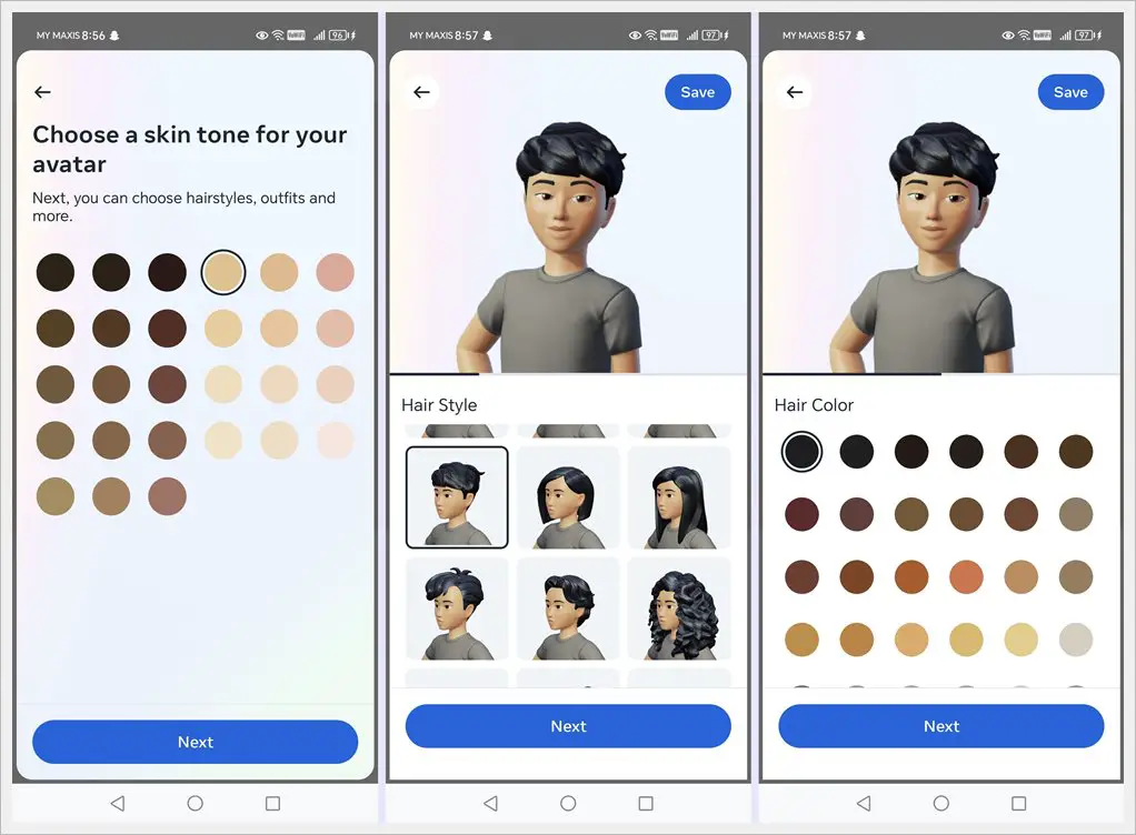 Choose skin tone, hair style and color. Tap 'Next' to proceed to the step.