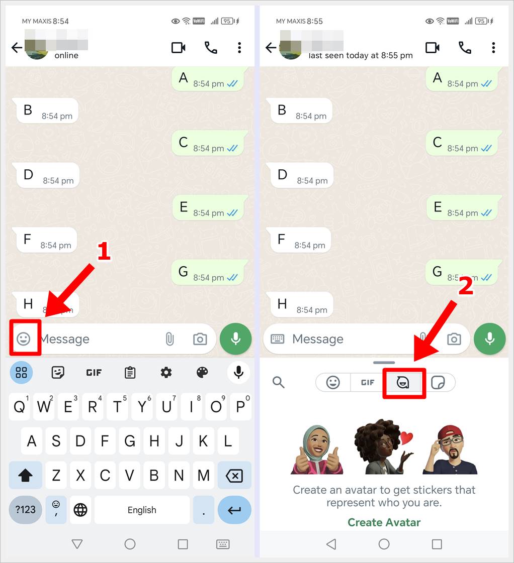 Manually create a WhatsApp avatar within a chat by tapping the emoji, followed by the 'Your Avatar' icon.